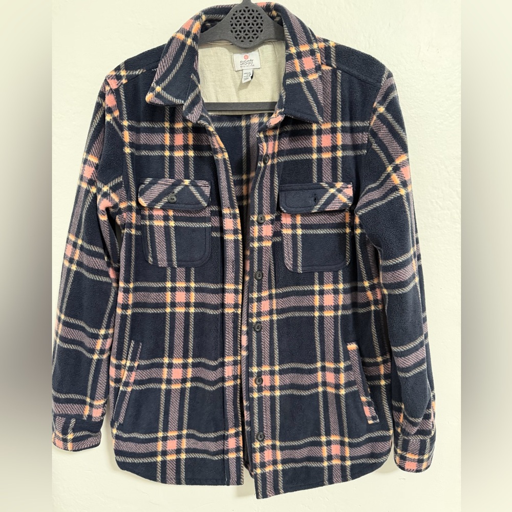 Sisstrevolution Plaid Fleece Shacket Womens Small Navy Pink Button Shirt Jacket